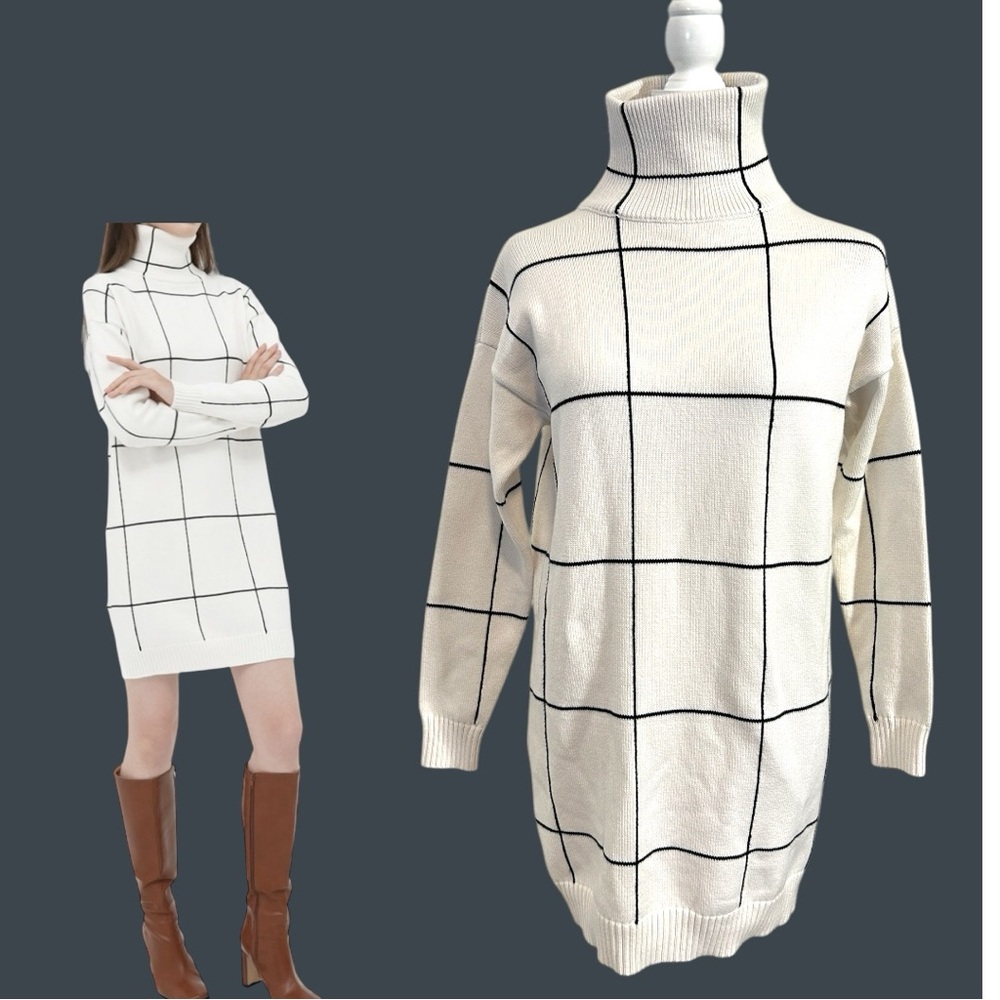 CHIC WISH Warm Welcome Grid Pullover Turtleneck Sweater Bodycon Dress S OffWhite